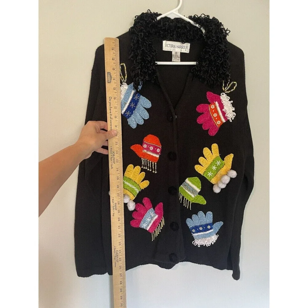 Vintage Victoria Harbour Winter Mittens Cardigan Sweater Black Size M Grannycore